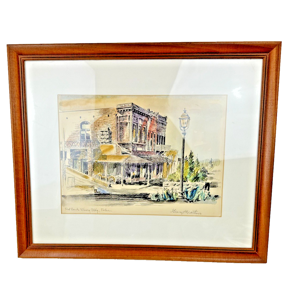 wood framed print George Mathis red bank Winery Building Folsom Signed vintage